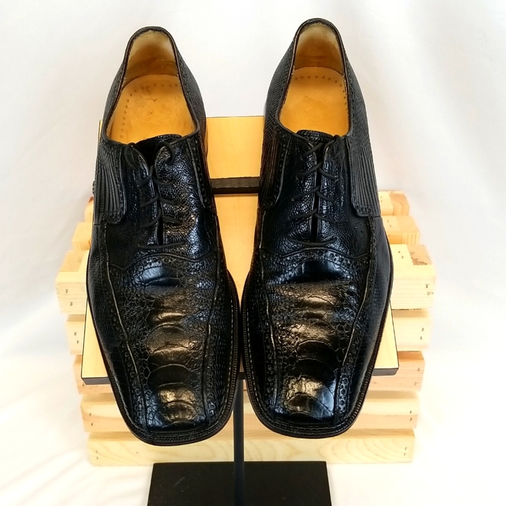 BELVEDERE BLACK OSTRICH AND LIZARD SKIN MEN'S DRESS SHOES. SIZE 9.5